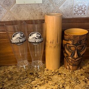 Universal Studios Jurasic Park Glass Set with Tiki Mug and Bamboo cups.